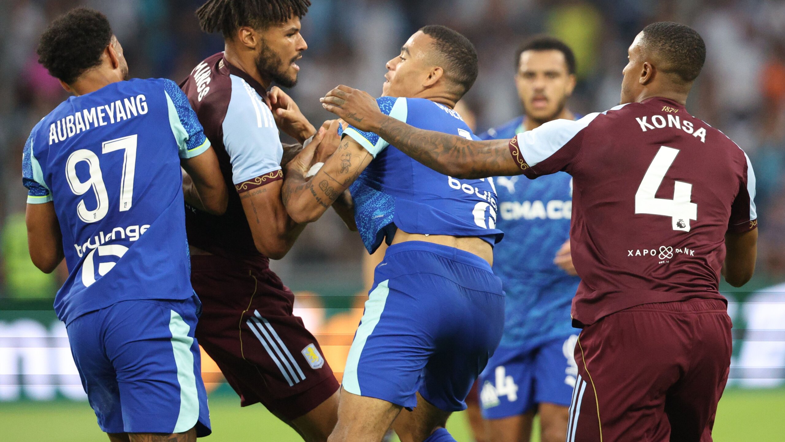 Greenwood Shirt Torn in Aston Villa vs Marseille Melee 7 GettyImages 2228556721 scaled